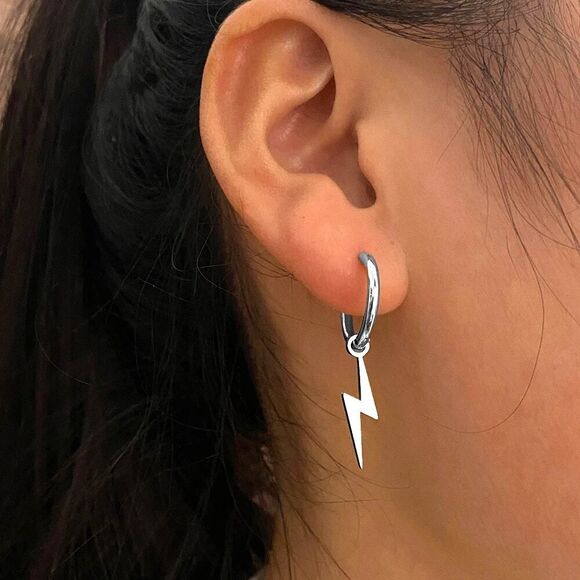 Silver Hoop Lightening Bolt Earring‎ - Picture 4 of 8